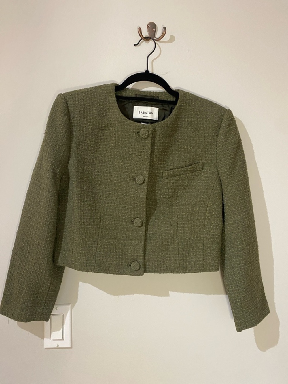 Aritzia Acquire Olive Green Cropped Tweed Blazer
